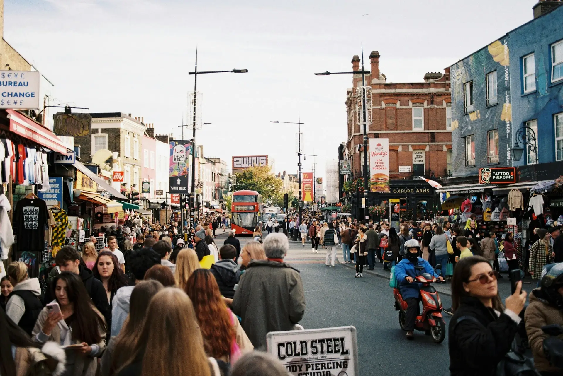 A busy street scene in a retail area