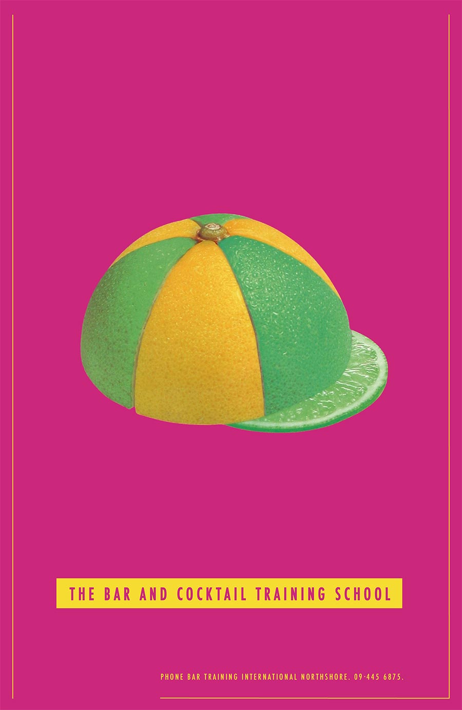 Lemon and lime segments arranged to look like a school cap. Ad for Bar & Cocktail Training School.