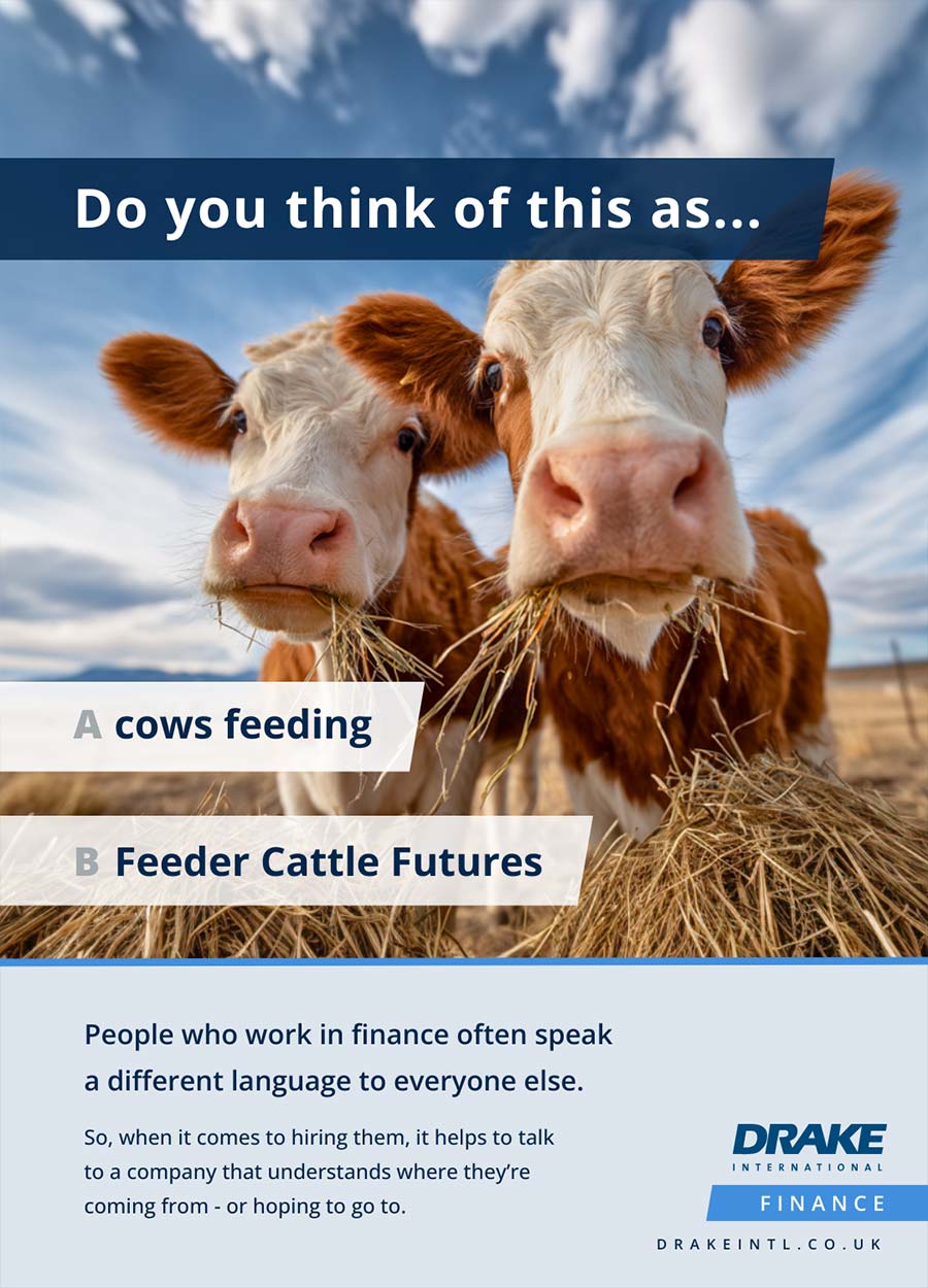 Picture of 2 cows. Headline: Do you think of this as a) cows feeding, or b) Feeder Cattle Futures. Drake Finance.