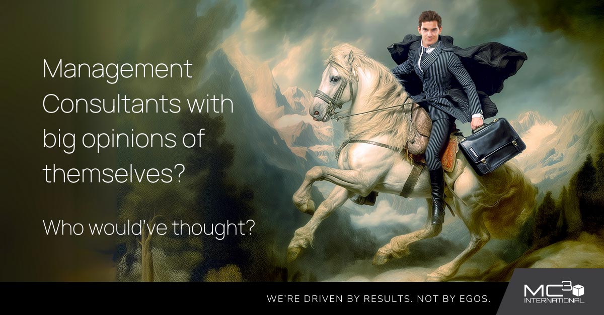 Traditional painting of a man riding in on a white horse, but the man is a modern businessman. 