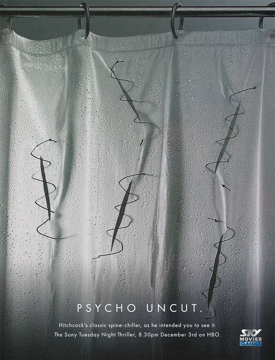 Shower curtain with slashes in it that have been sewn up. Headline reads: Psycho Uncut. Sky Movies Ad.