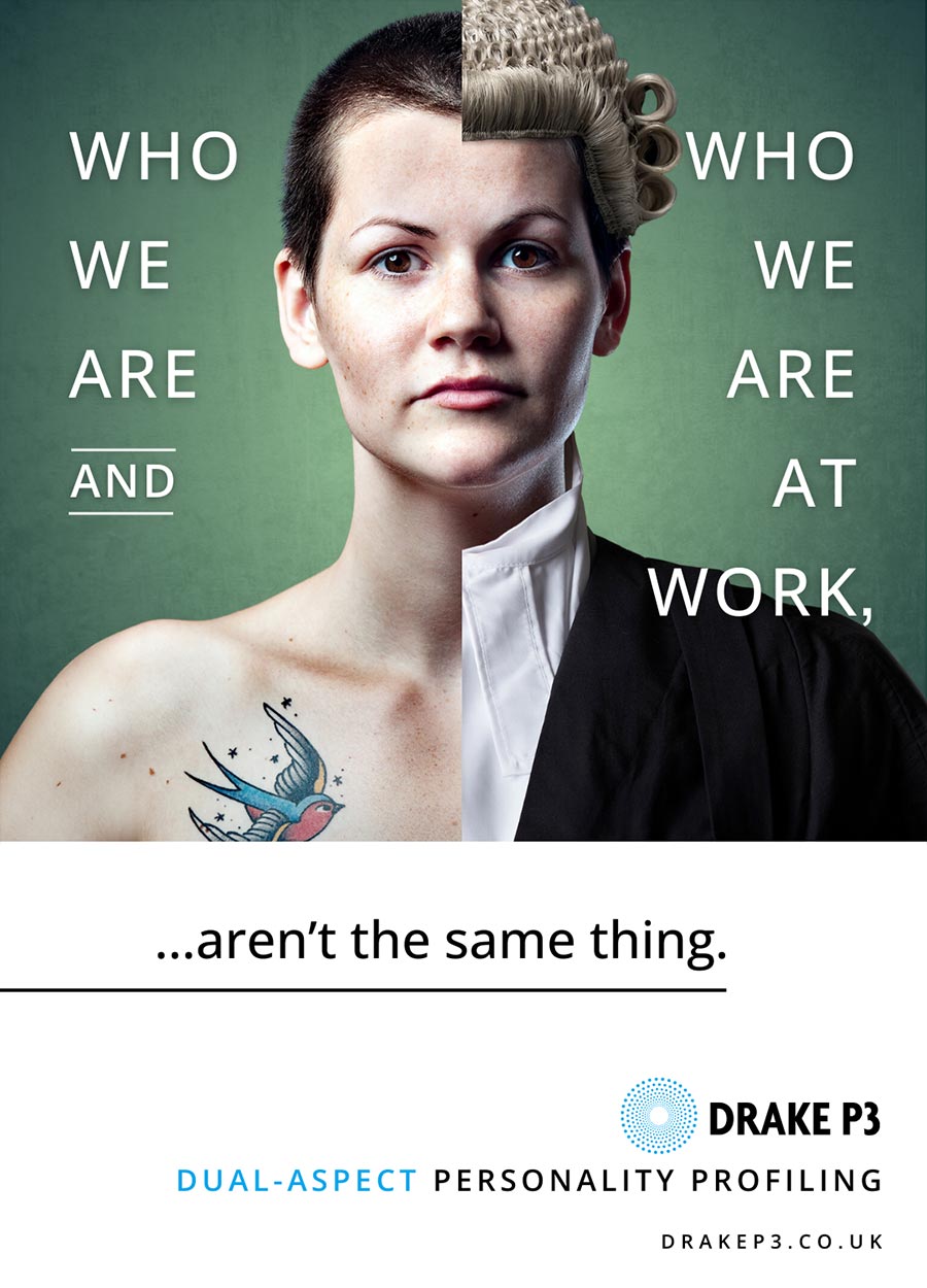 Who we are, and who we are at work, aren't the same thing. Person with one side dressed as a lawyer & other side bare.
