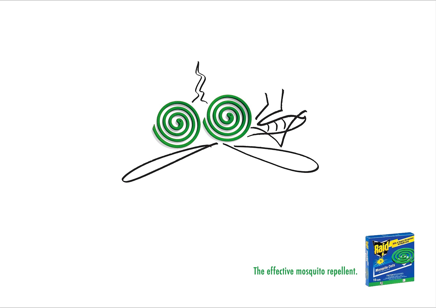 Cartoon drawing of a dead mosquito on its' back with two Raid mosquito coils as eyes.