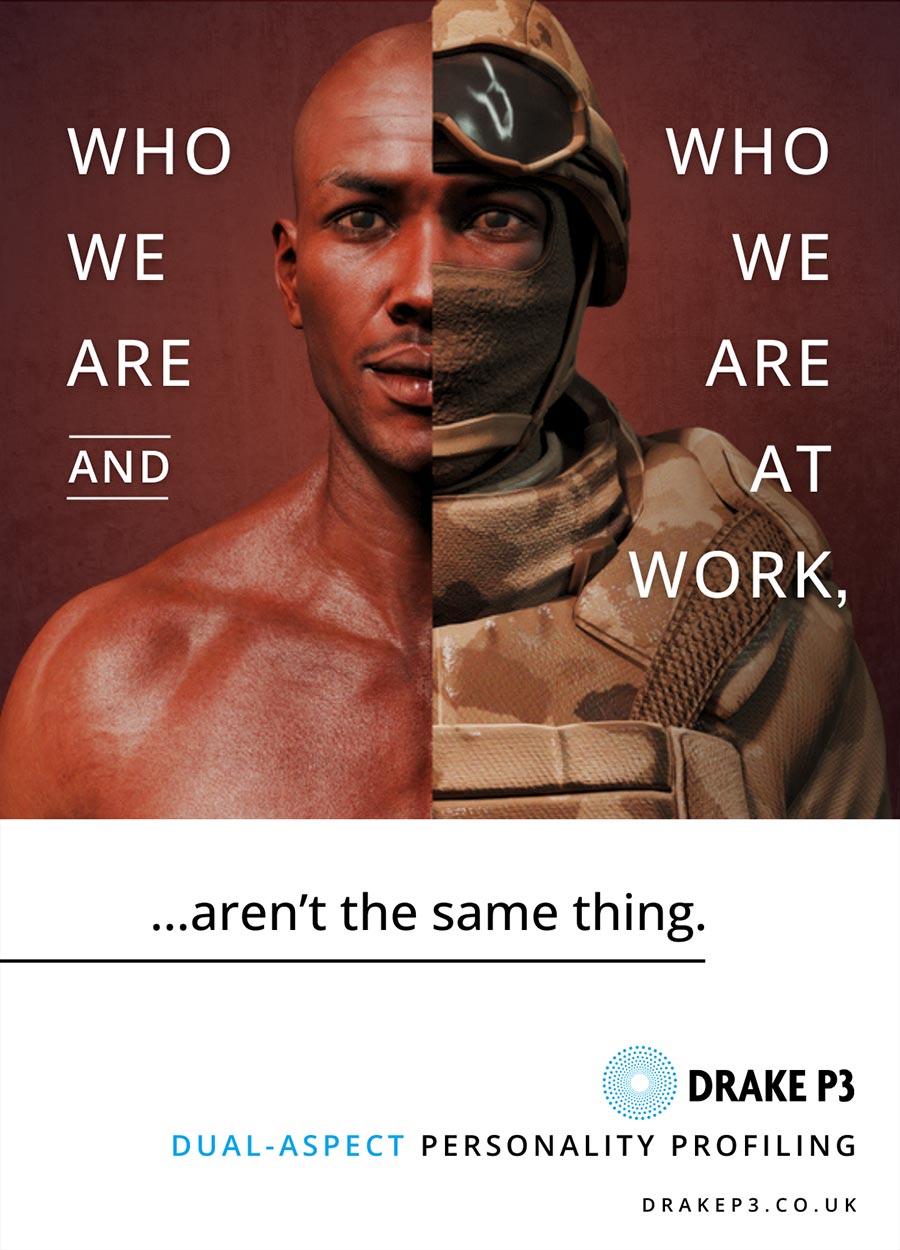 Who we are, and who we are at work, aren't the same thing. Person with one side dressed as a soldier & other side bare.