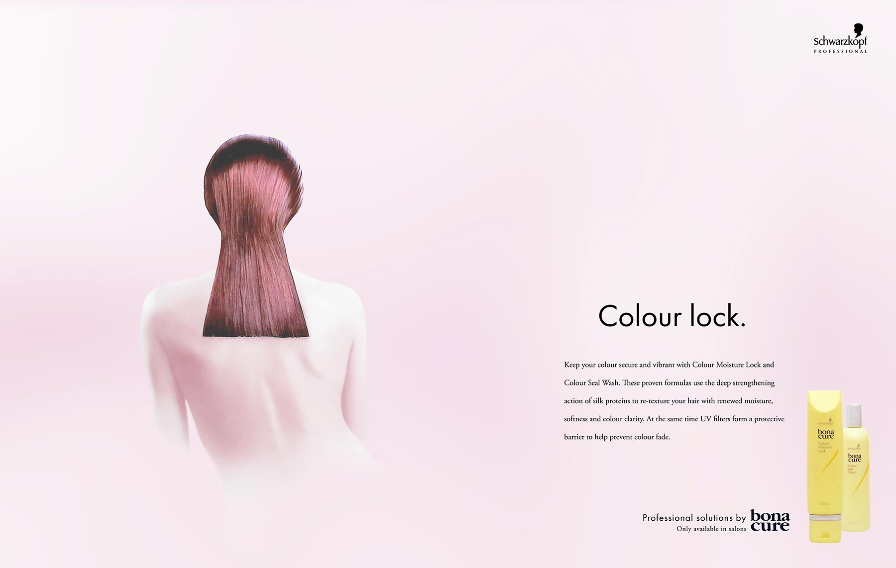 Back view of woman with hair styled in the shape of a keyhole. Headline: Colour lock. Ad for Schwartzkopf shampoo range.