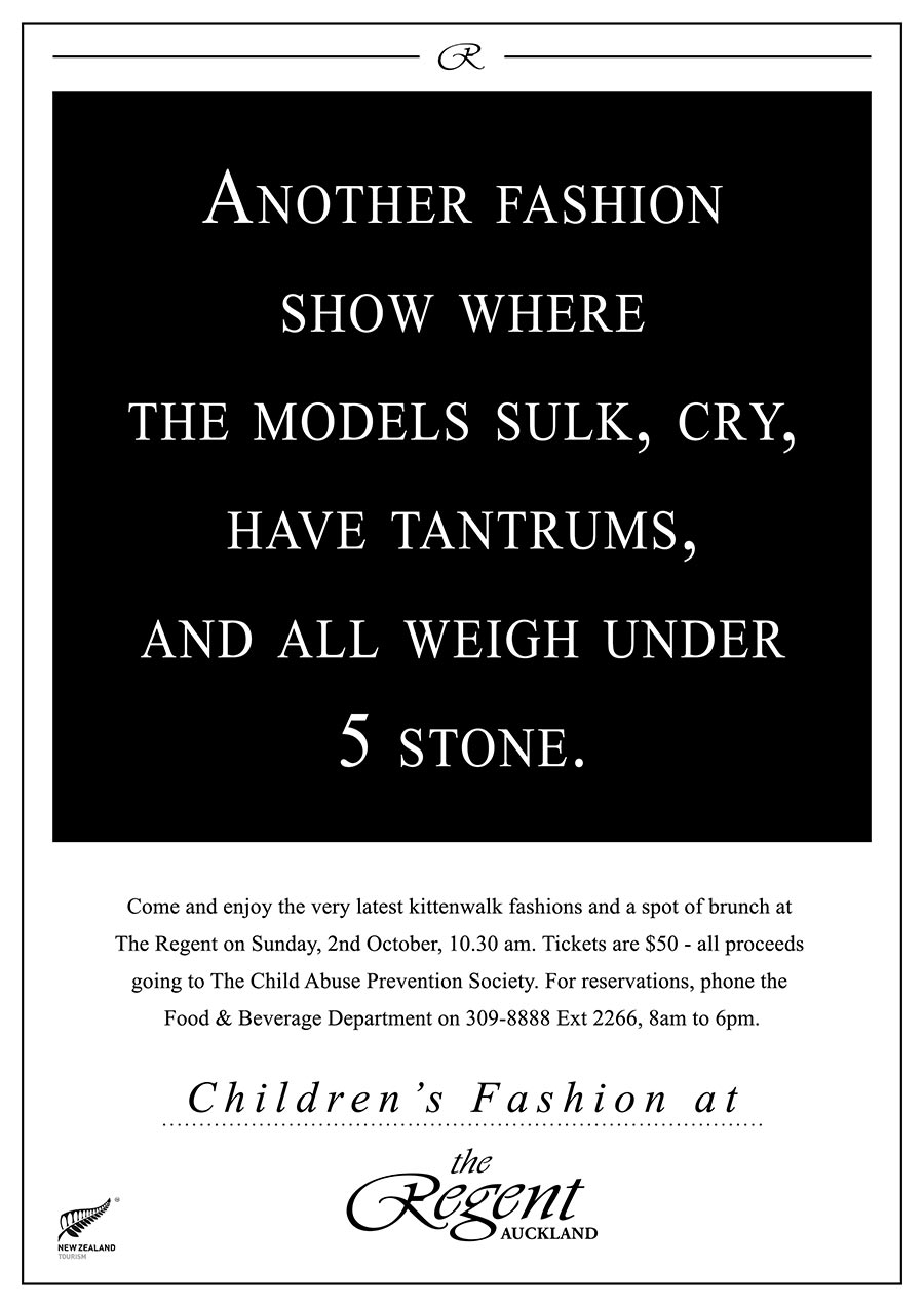 Another fashion show where the models sulk, cry, have tantrums and all weigh under 5 stone. Childrens Fashion Show ad.