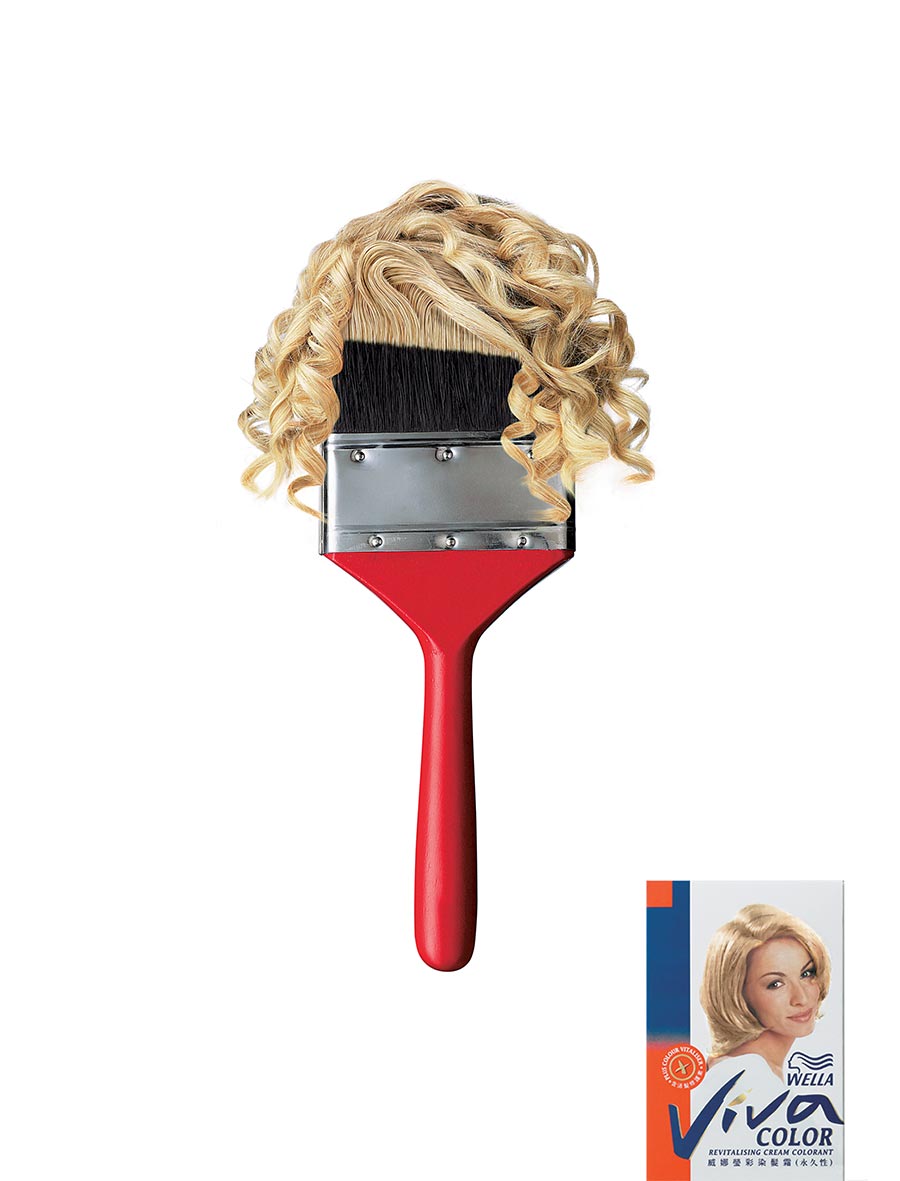 Paintbrush with top of bristles turning into a glamourous hairdo of dyed blonde ringlets. Ad for Wella hair dye.