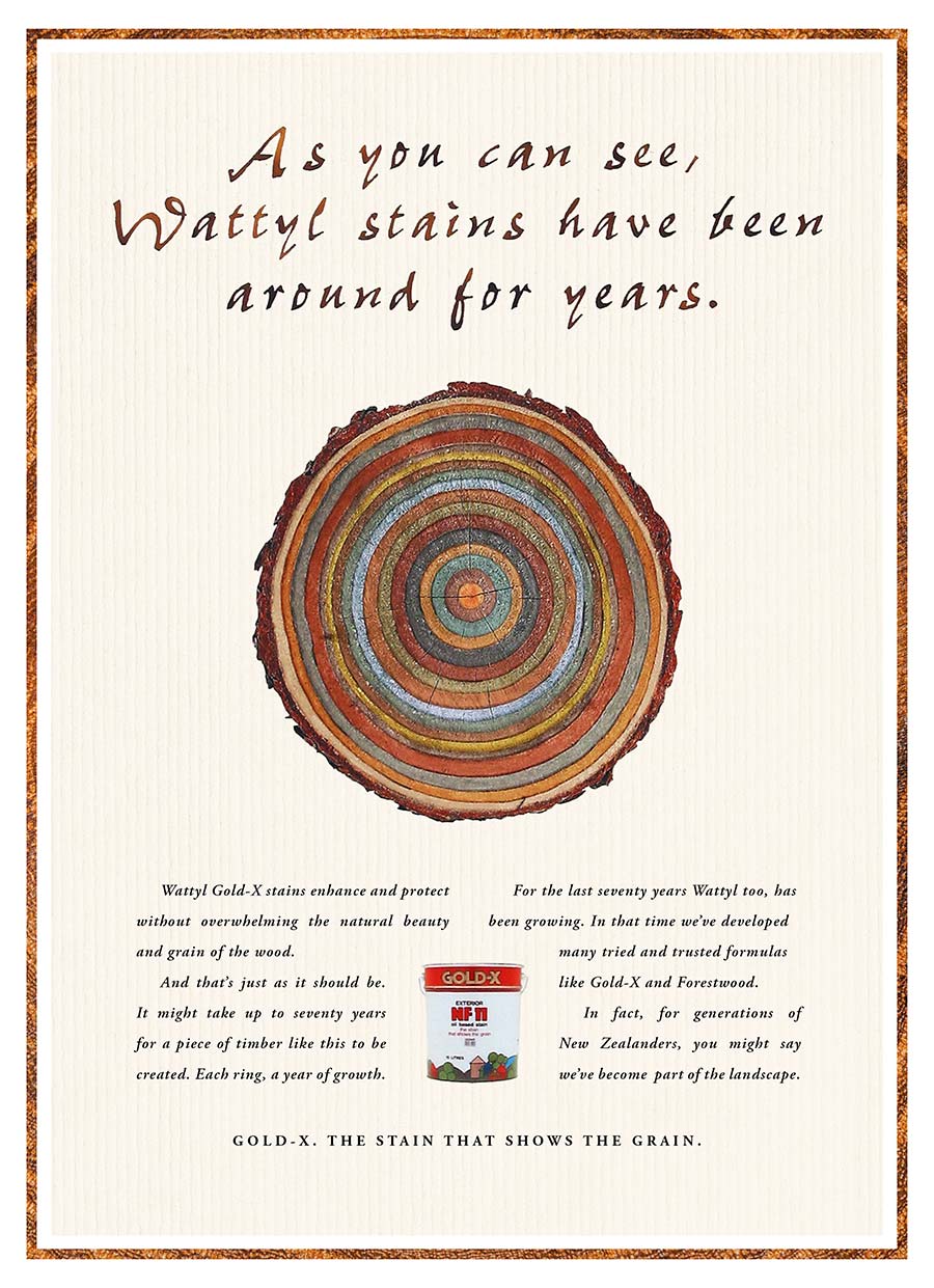 Tree with rings stained different colours. Headline: As you can see, Wattyl stains have been around for years.