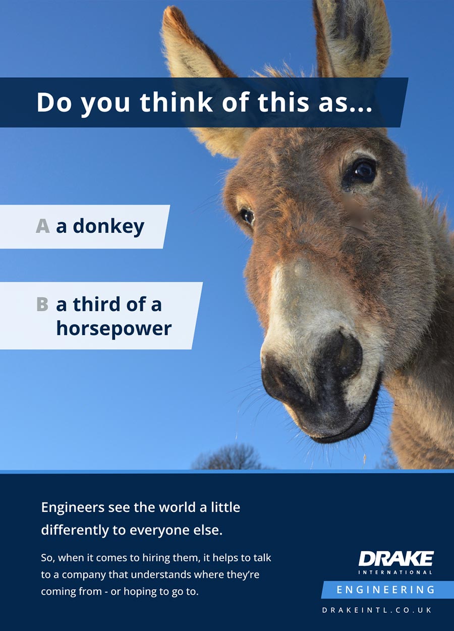 Picture of a donkey. Headline: Do you think of this as a) a donkey, or b) a third of a horsepower.