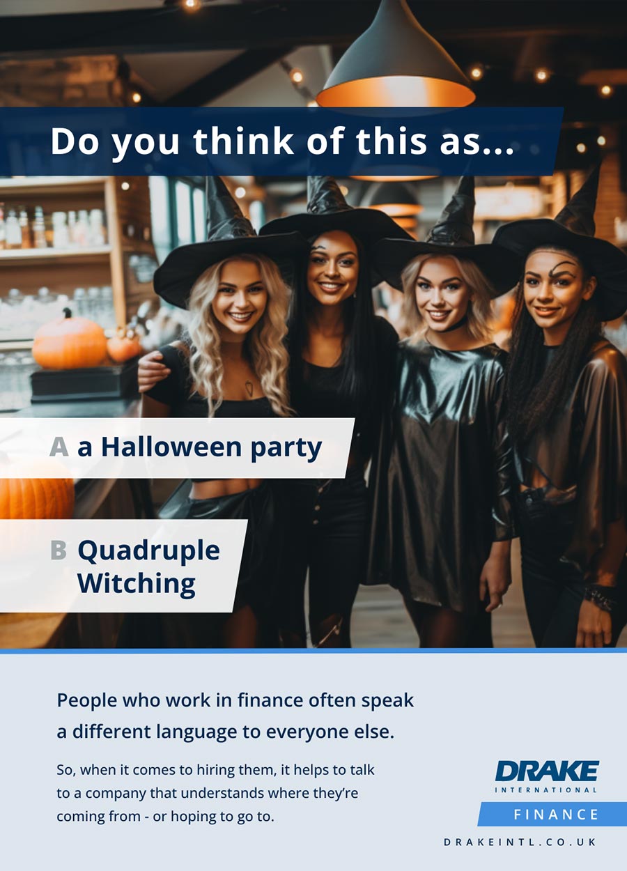 Picture of 4 witches. Headline: Do you think of this as a) a Halloween party, or b) Quadruple Witching. Drake Finance.