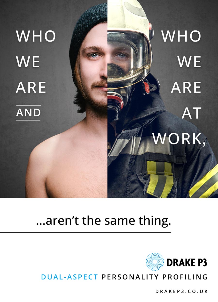 Who we are, and who we are at work, aren't the same thing. Person with one side dressed as a fireman & other side bare.