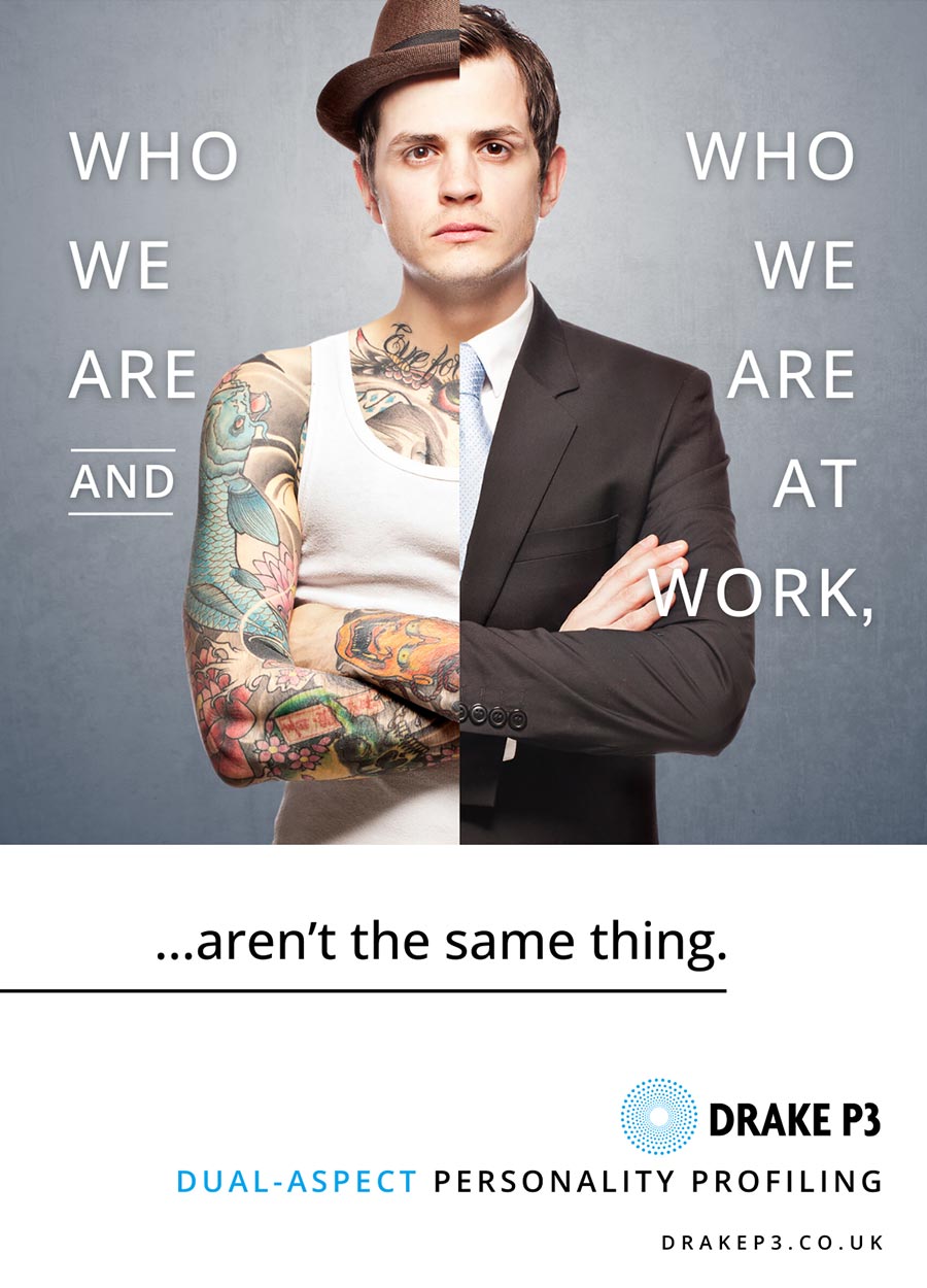 Who we are, and who we are at work, aren't the same thing. Person with one side dressed in a suit & other side bare.