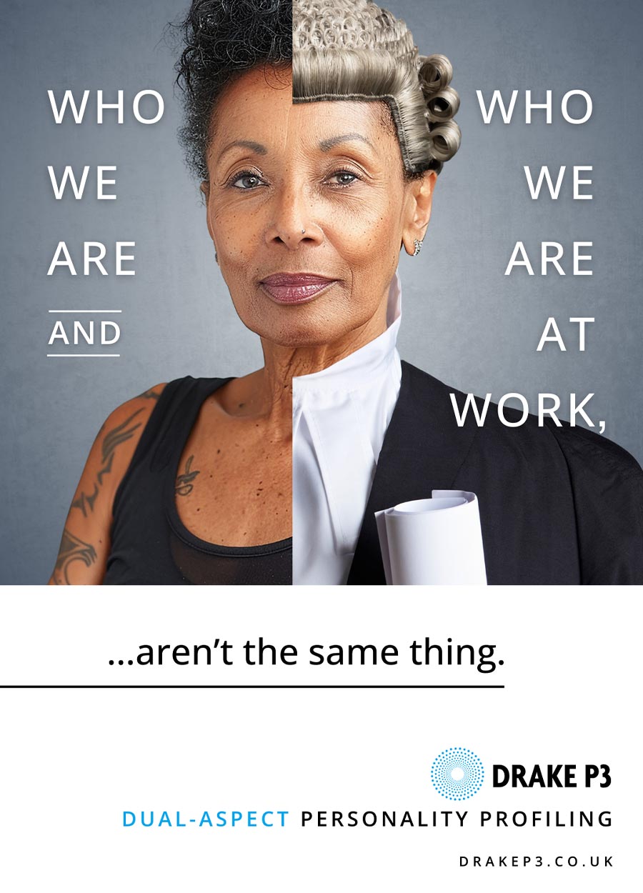 Who we are, and who we are at work, aren't the same thing. Person with one side dressed as a judge & other side bare.