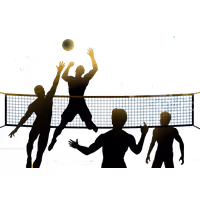 Students playing volleyball at the net