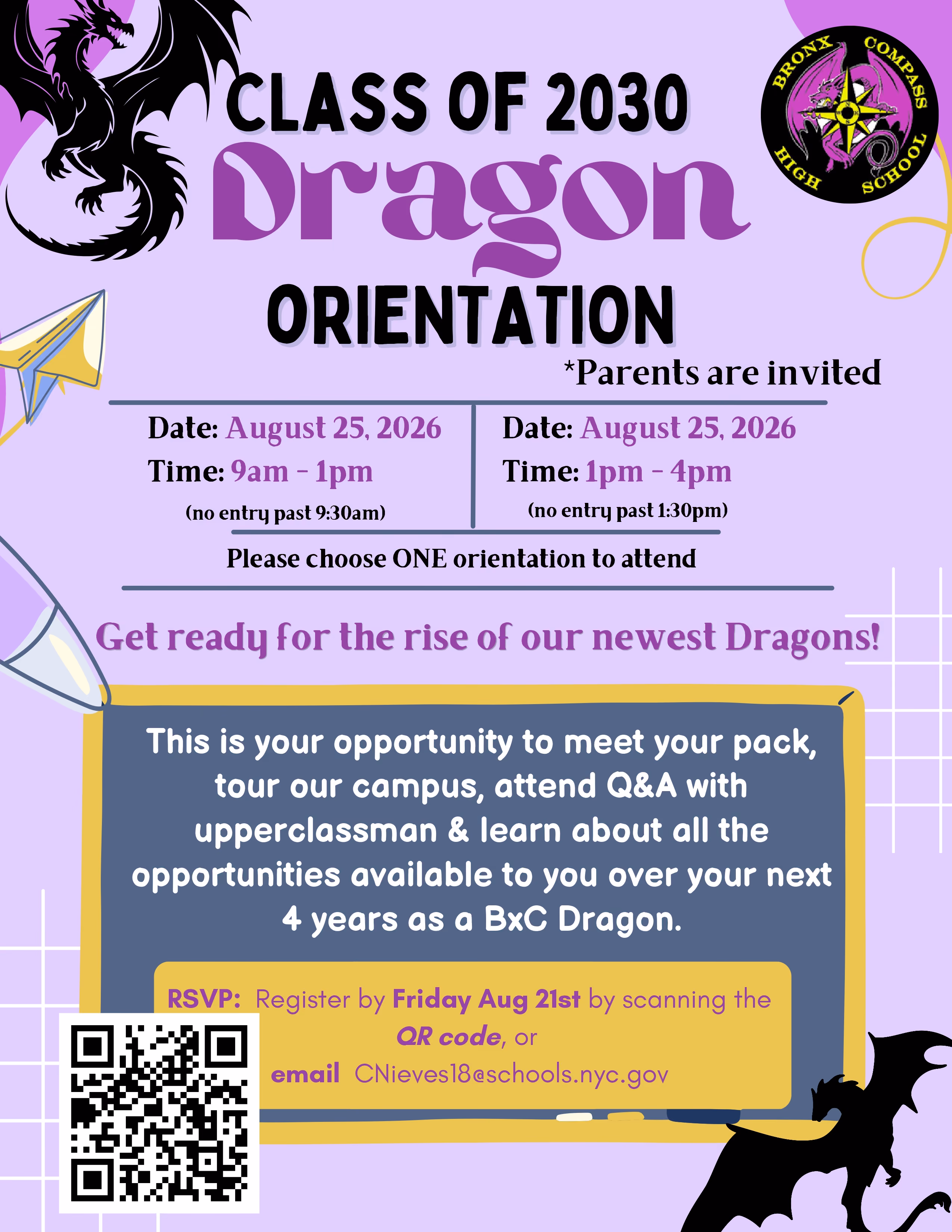 Bronx Compass High School Class of 2030 Dragon Orientation flyer August 25 2026