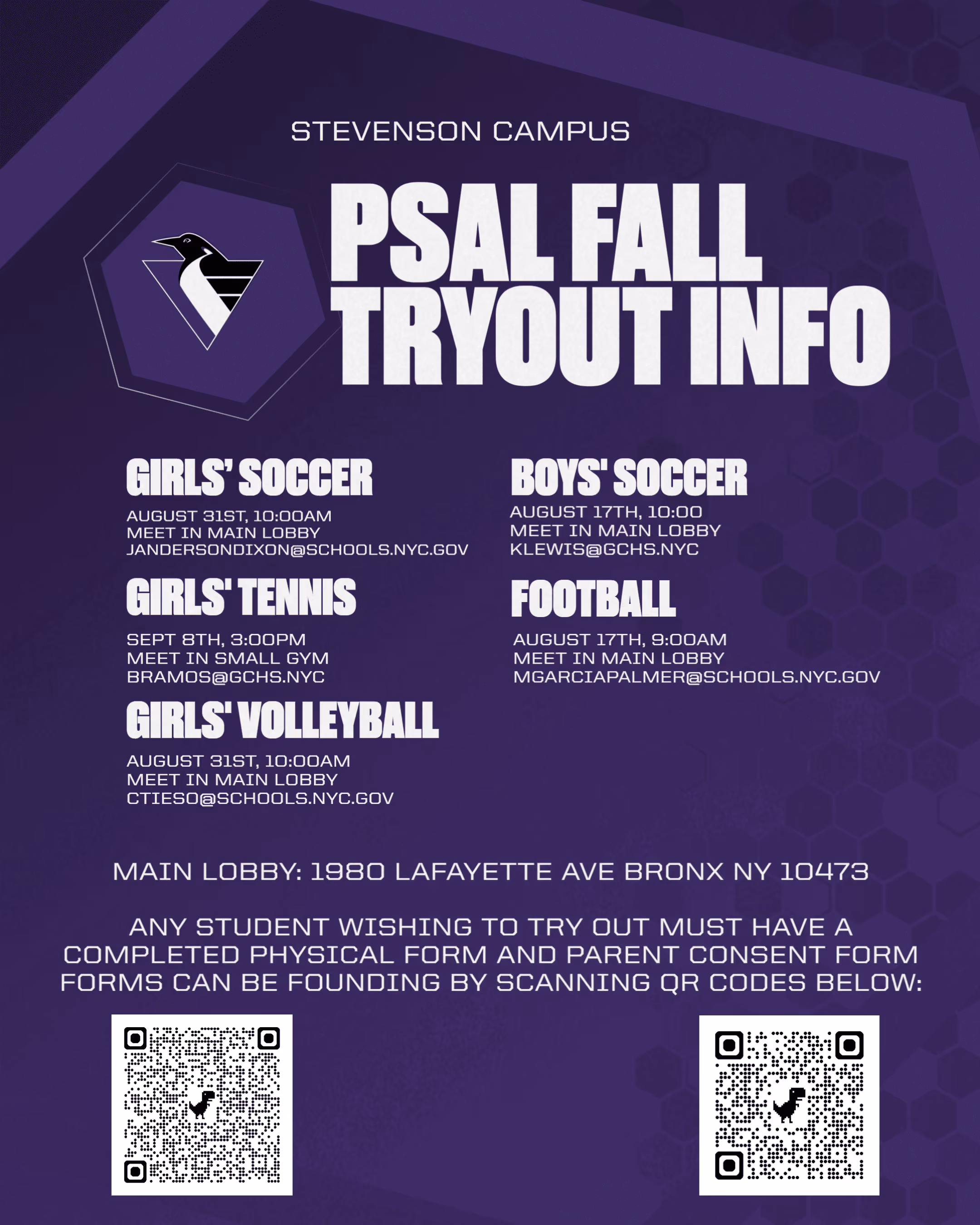 Stevenson Campus PSAL fall tryout dates for soccer tennis volleyball and football