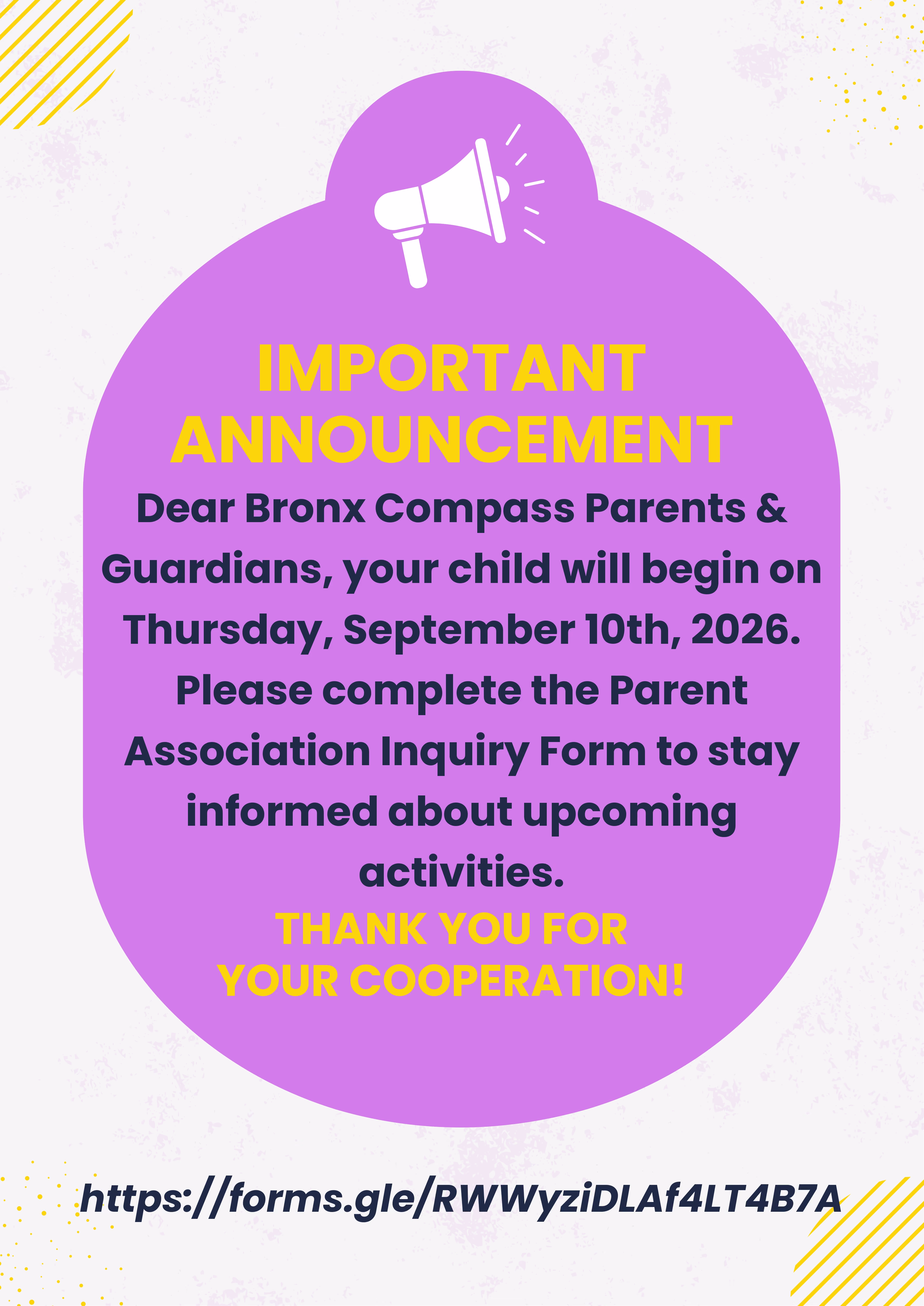 Bronx Compass school start date announcement for parents and guardians