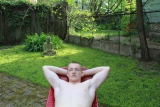 Sam Foy in the Archive Garden, May 5, 2014, The Archive of Louis Zoellar Bickett