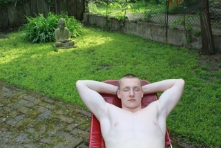 Sam Foy in the Archive Garden, May 5, 2014, The Archive of Louis Zoellar Bickett