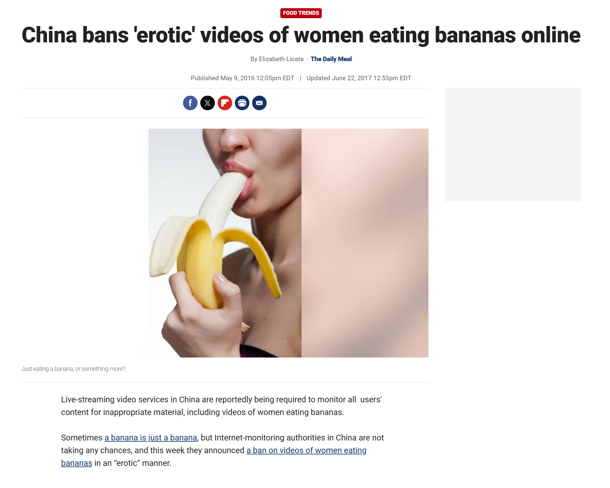 Sometimes a banana is just a banana, but Internet-monitoring authorities in China are not taking any chances, and this week they announced a ban on videos of women eating bananas in an “erotic” manner.