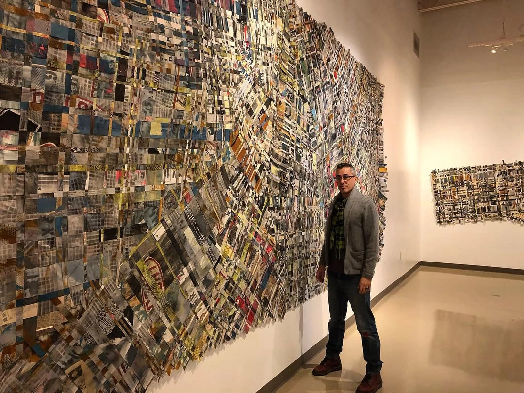 First Twenty-five. 2019. Hand cut and woven paper tapestry. All imagery created from hand pulled prints. It contains relief, silk screen, lithographic and intaglio prints