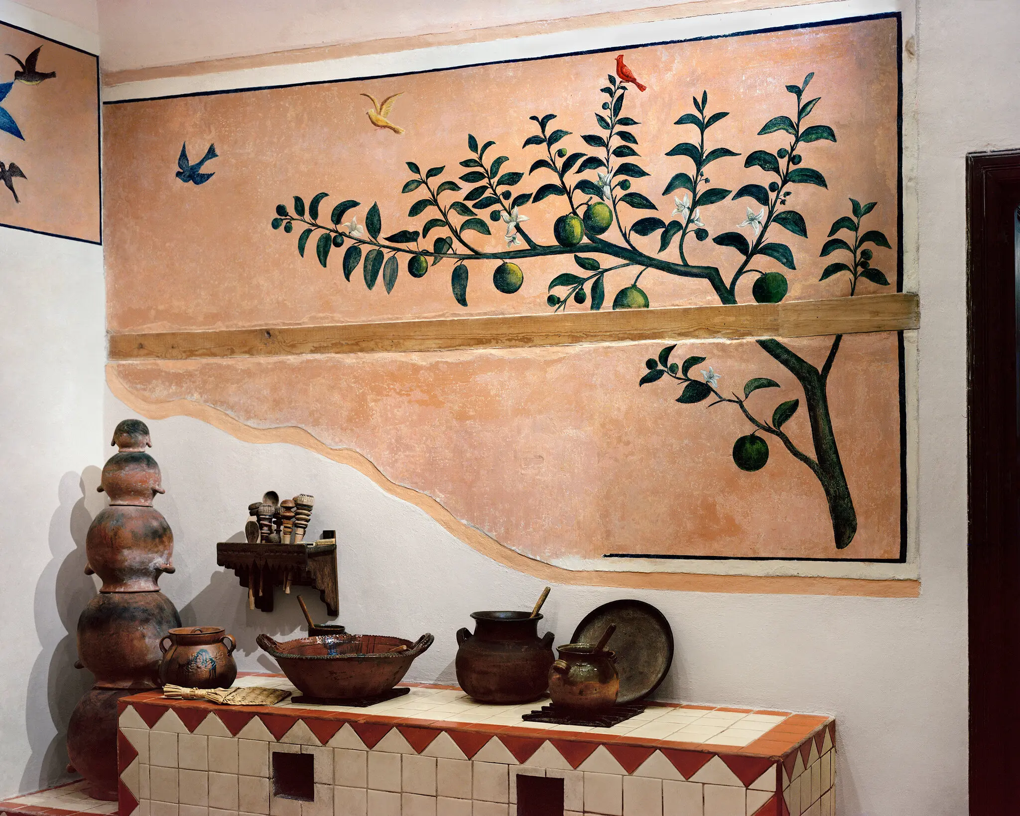 The house also preserves a citrus tree in the kitchen, linked to a mural by Frida. According to the family, it is likely the only mural she ever created.