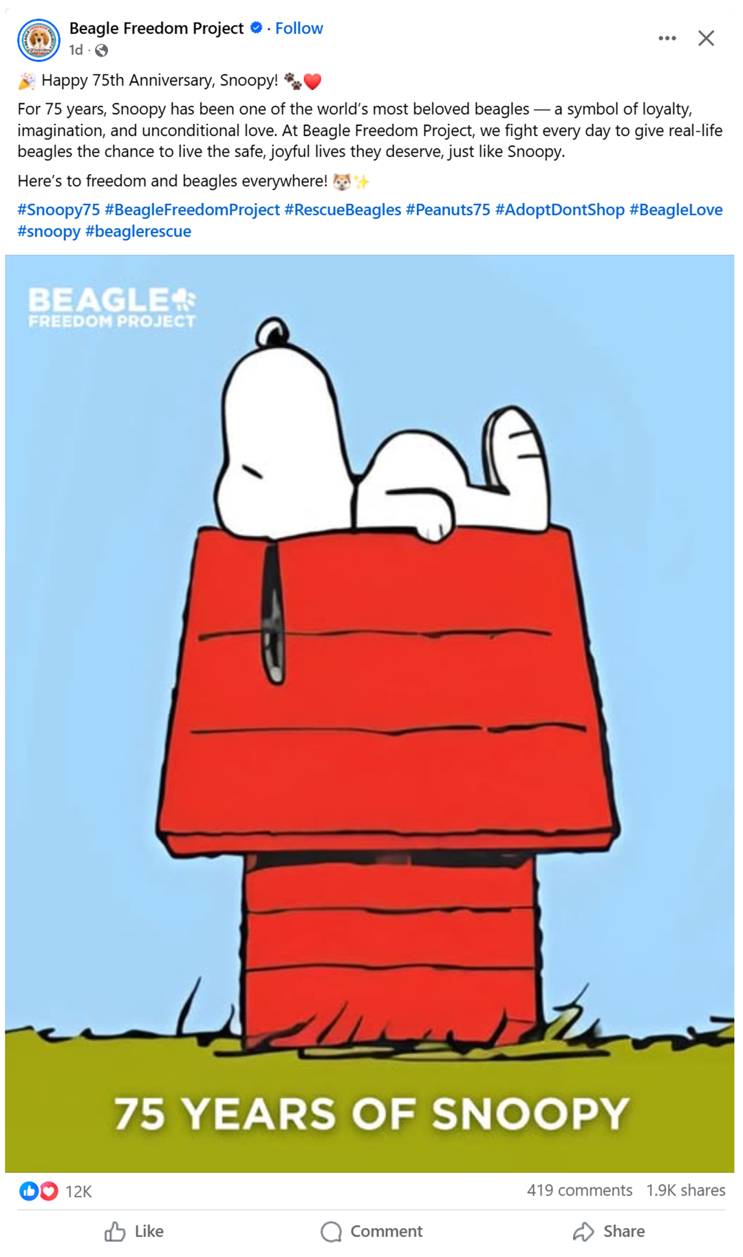  A few weeks ago, a post appeared on my Facebook feed from the Beagle Freedom Project, celebrating the seventy-fifth anniversary of Snoopy 