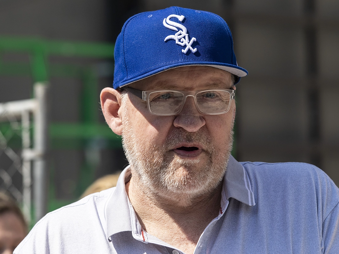 Artist Tony Fitzpatrick speaks during a news conference as crews finish installing his mural “Night and Day in the Garden of All Other Ecstasies,” at Steppenwolf Theatre in 2021. Ashlee Rezin/Sun-Times file