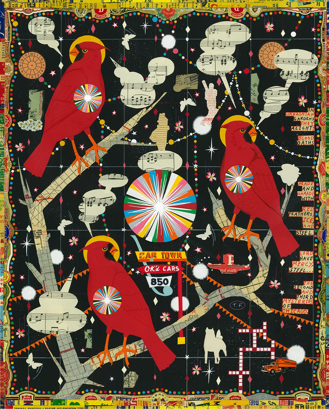 The Second and Third Mysteries of Chicago (Winter Cardinals), 2016 is part of Chicago artist Tony Fitzpatrick’s series 'The Secret Birds,' was on display at the DePaul Art Museum May 12-Aug. 21, 2016. (Image courtesy of the artist)