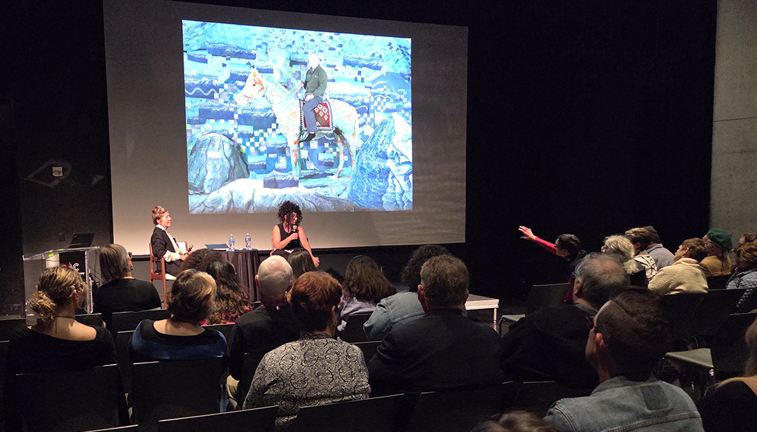 Artist talk in the CAC theater / Para español: Artist talk de Sheida Soleimani en el teatro del CAC.