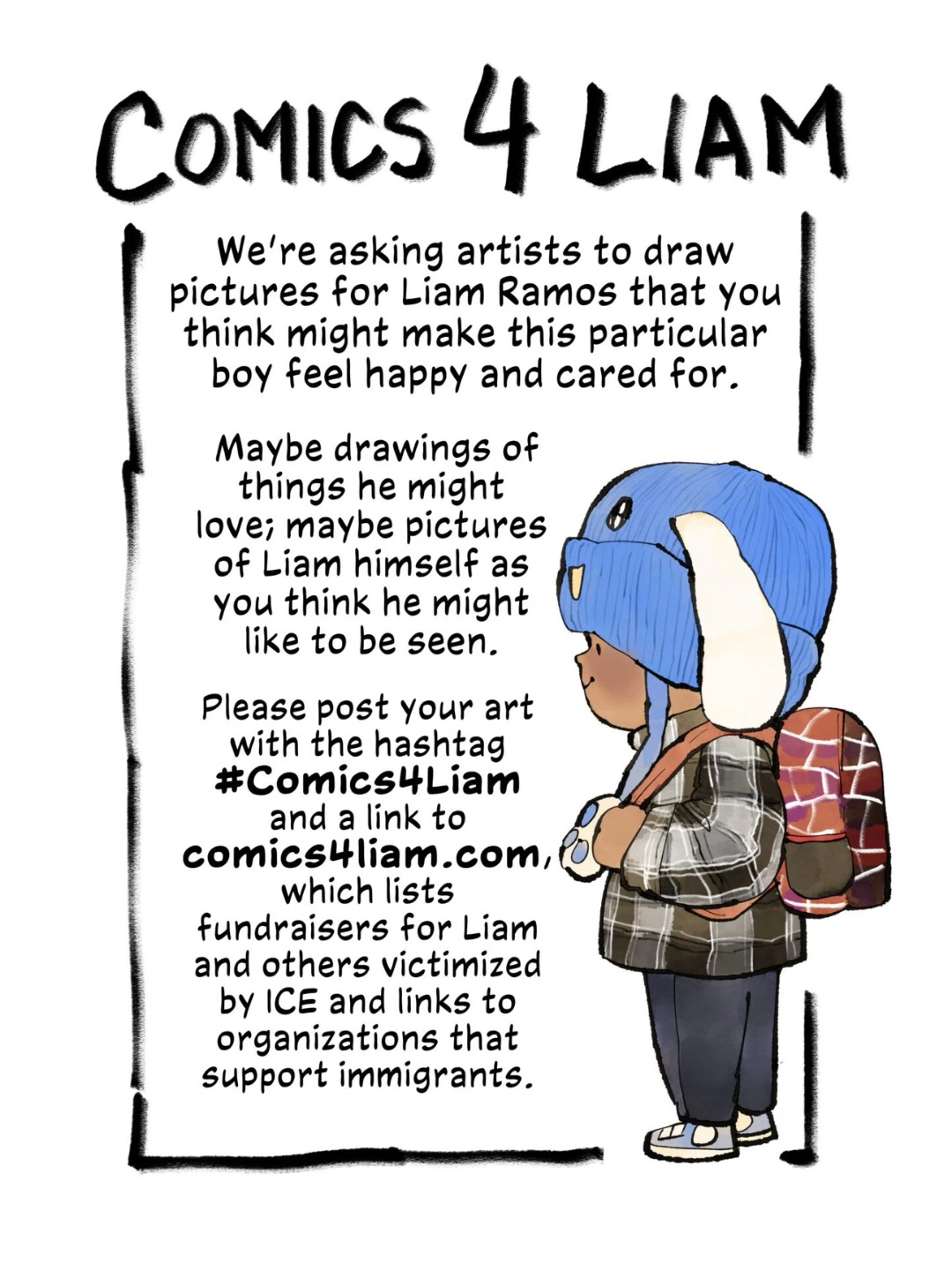 Taken from the Instagram profile of Hands Off NYC https://www.instagram.com/handsoffnyc/ “We’re thrilled to partner with @comixaction and prominent comic creators on #Comics4Liam.”