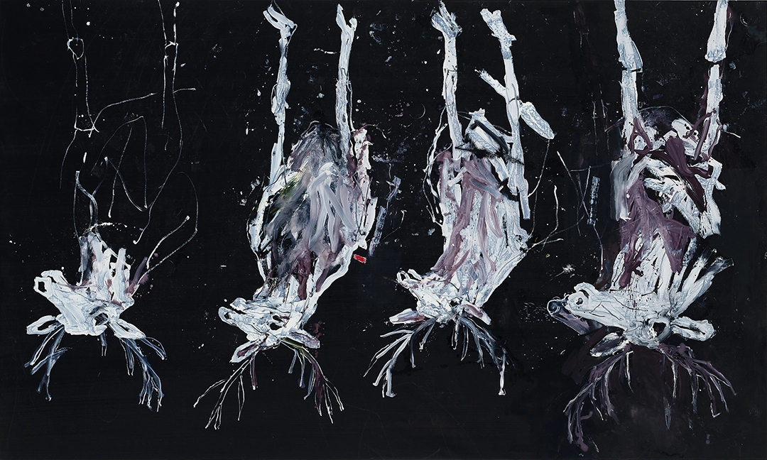 The Painter in His Bed, 2022. Oil, dispersion adhesive, and plastic on canvas, 118 ⅛ × 196 ⅞ inches (300 × 500 cm). © Georg Baselitz. Photo: Jochen Littkemann.