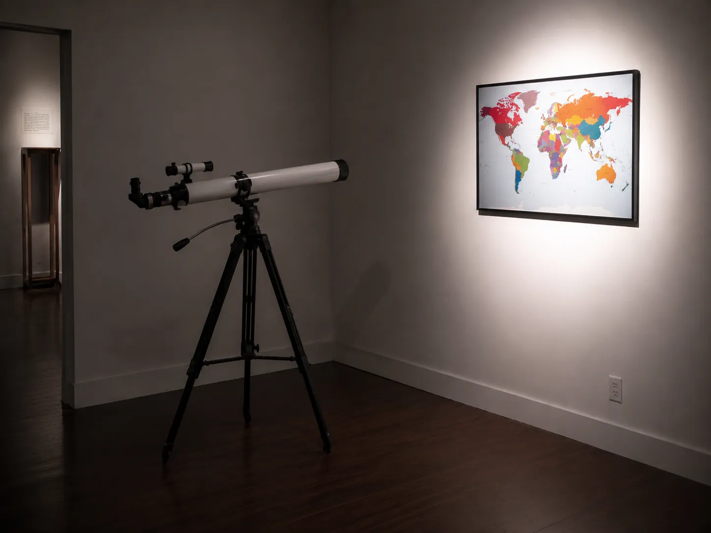 Steve Kemple, The World Is Everything That It Isn’t, 2011, installation view with telescope and world map, Semantics Gallery, Cincinnati; digitally reconstructed from a low-resolution Wayback thumbnail.