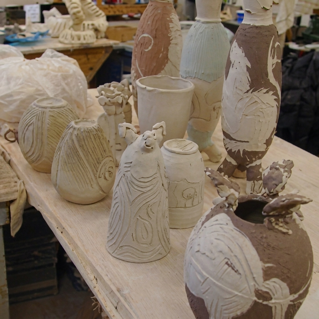 Ceramic works and works in progress documented during Cincinnati’s Sister Cities international artist-exchange programs, early 2000s. Source: ÆQAI / Jan Brown Checco archive.