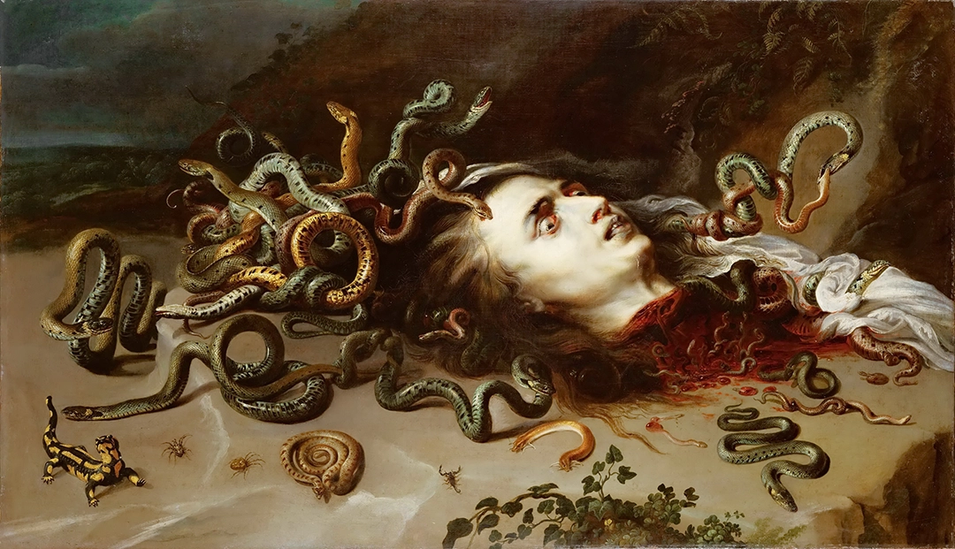 Peter Paul Rubens, The Head of Medusa, 1617–1618. Snakes attributed to Frans Snyders. Oil on canvas, 68.5 × 118 cm. Kunsthistorisches Museum, Vienna.