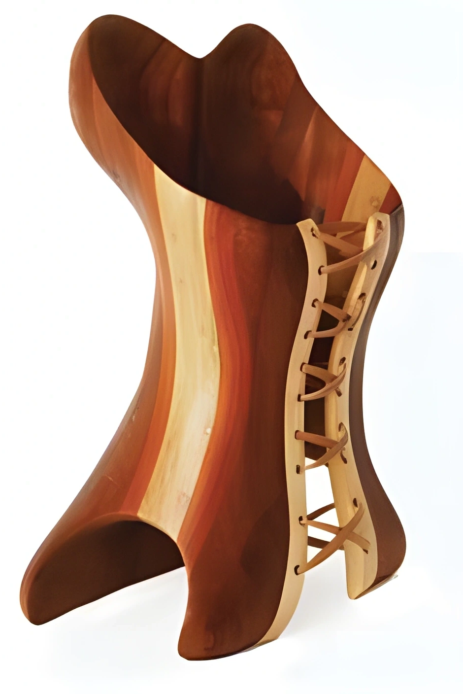 Jessie Herndon, Busty, mixed woods and bent wood laces, 17 × 8 × 7 in., 2010. Digitally enhanced.