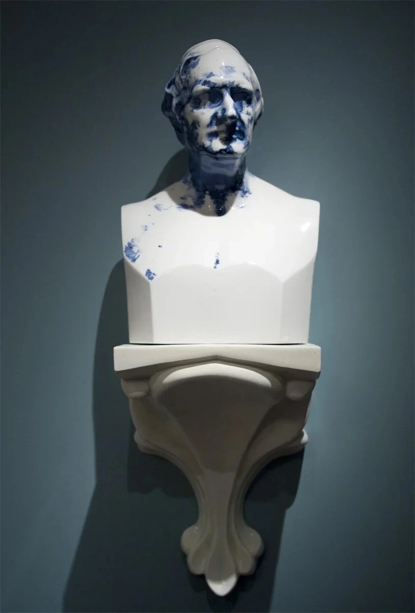 Blue-and-white Alfonso Taft porcelain bust installed in Still[ed] Life by Katie Parker and Guy Michael Davis, 2011.