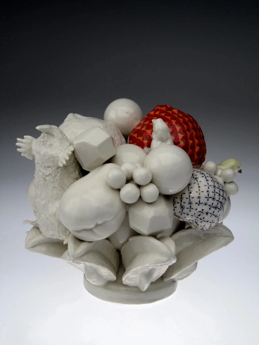 Porcelain flora-and-fauna sculpture from Still[ed] Life by Katie Parker and Guy Michael Davis, 2011.