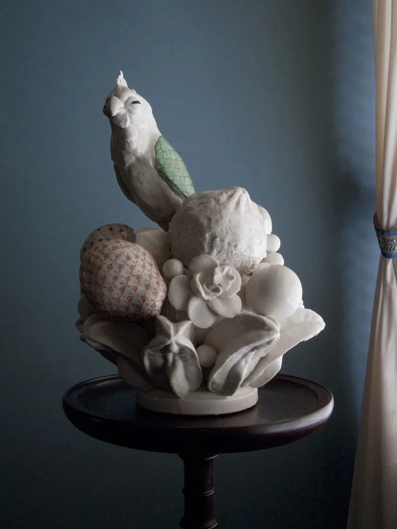 Detail of a porcelain still-life sculpture from Still[ed] Life by Katie Parker and Guy Michael Davis, 2011.
