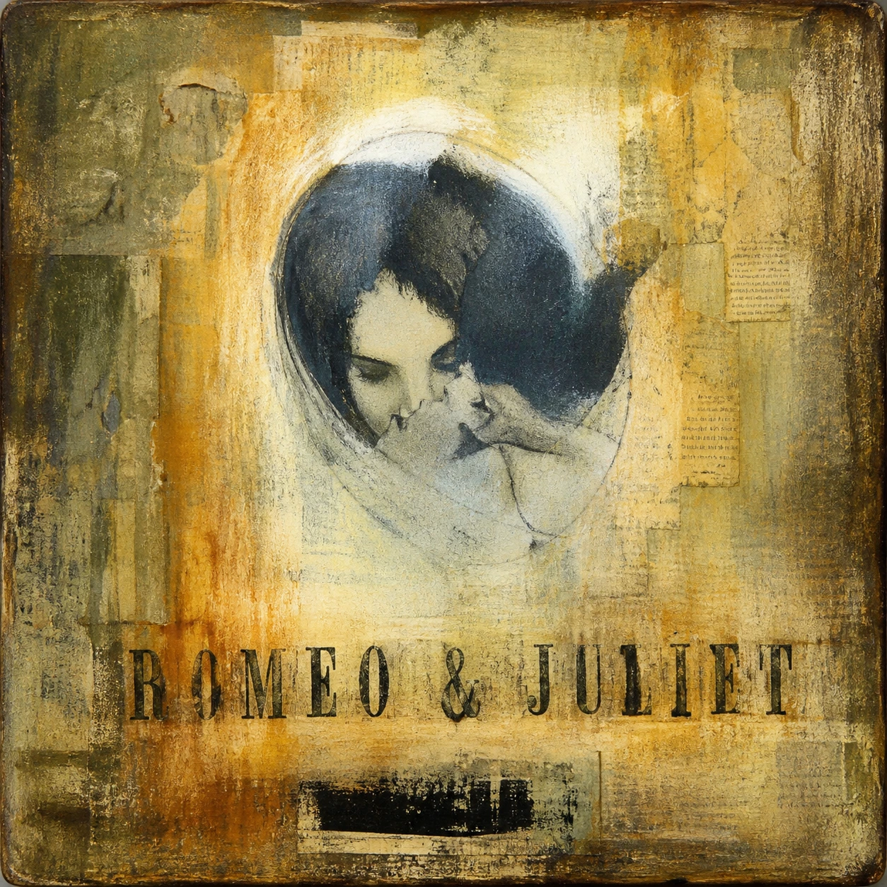 Ester Wilson, Romeo and Juliet, mixed media on wood block, 10 × 10 in. Digitally enhanced.