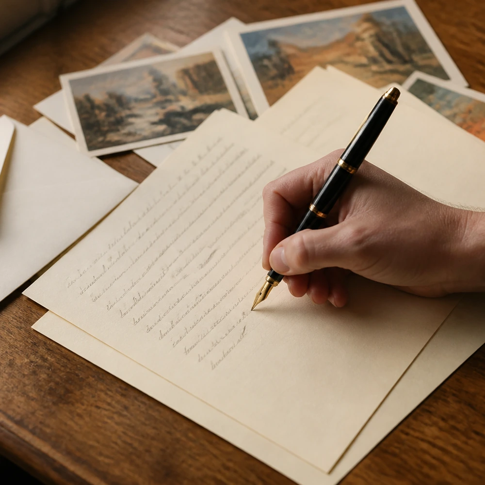 A hand writing a letter beside art postcards. Conceptual image inspired by the article; digitally generated.