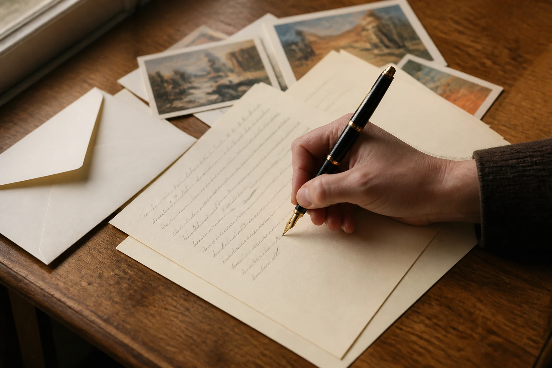 A hand writing a letter beside art postcards. Conceptual image inspired by the article; digitally generated.