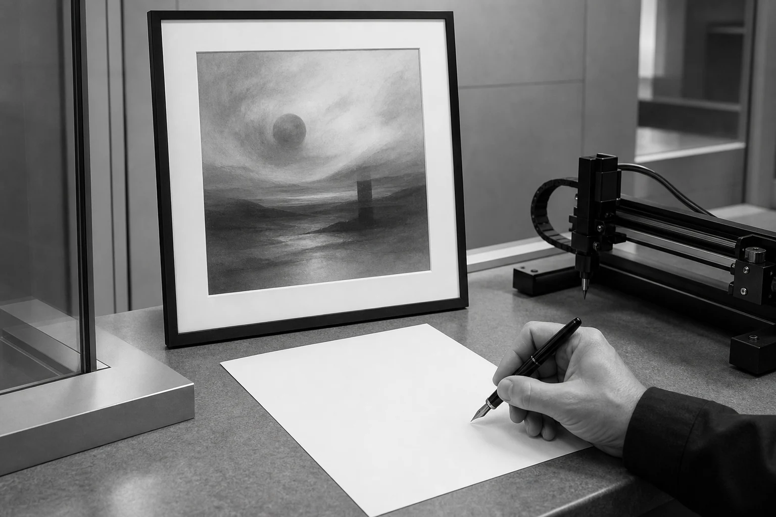 A human hand prepares to sign a blank registration sheet beside a framed abstract landscape and an inactive drawing machine
