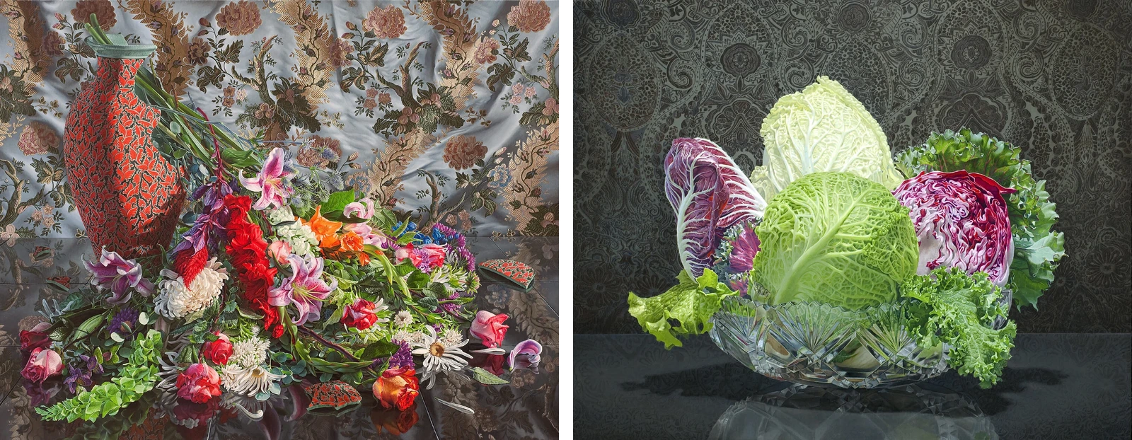 Eric Wert, Deluge, 2010, and Roughage, 2011, oil paintings shown side by side.