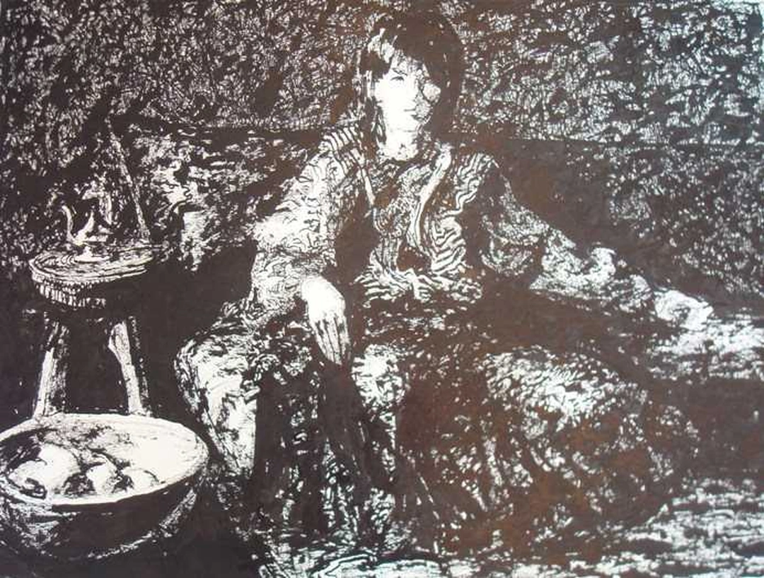 Richard Allan George, Figure with Bowl of Fruit, no date, graphite and ink on paper, 18 x 24 in. Courtesy of Malton Gallery.