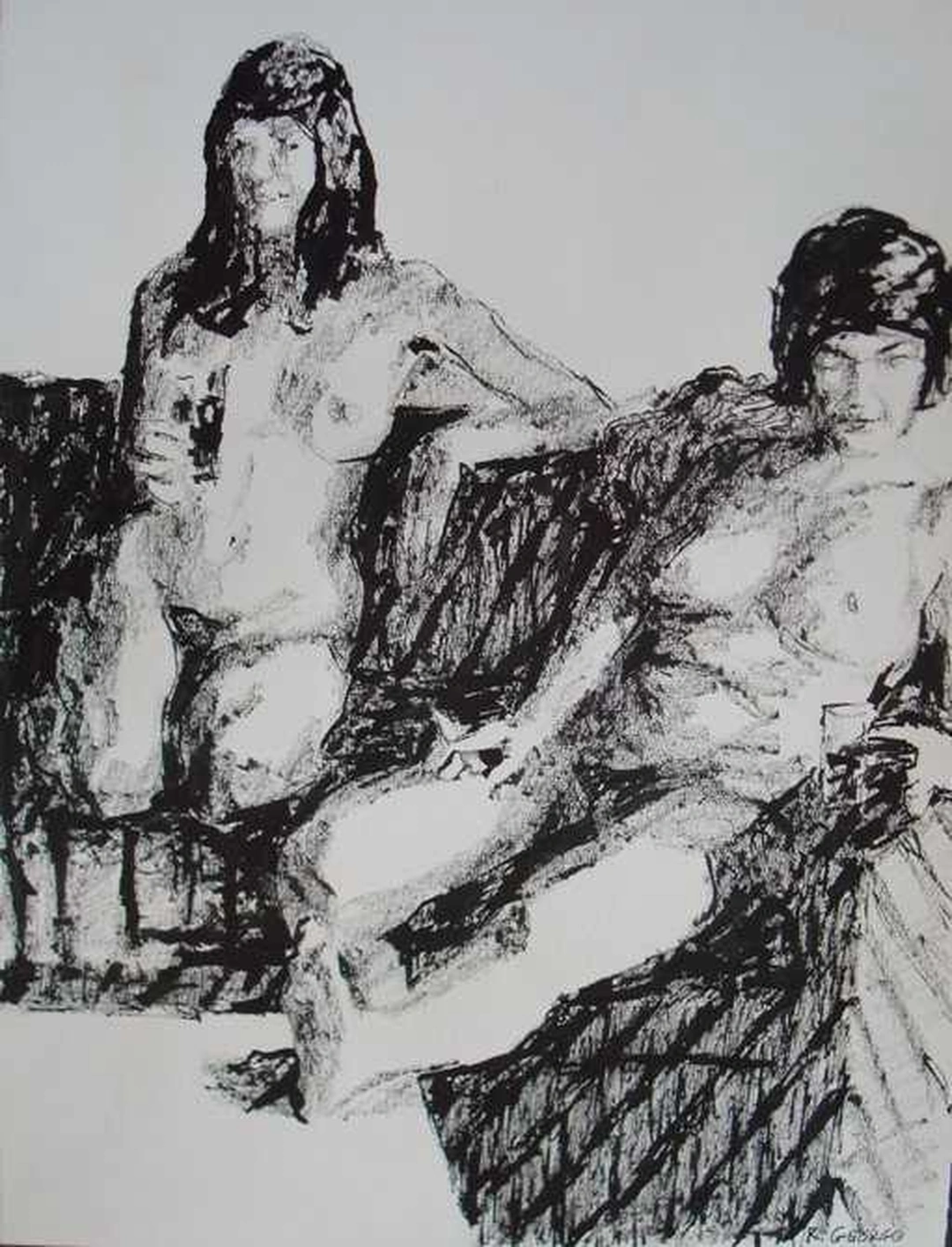 Richard Allan George, Two Figures on Striped Blanket, ink and graphite on paper, 18 x 24 in. Courtesy of Malton Gallery.