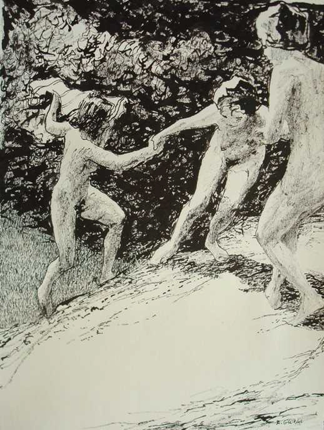 Richard Allan George, Three Figures Rock Climbing, no date, graphite and ink on paper, 18 x 24 in. Courtesy of Malton Gallery.