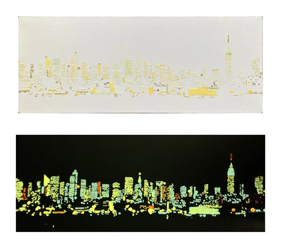 Tom Bacher, Viewing Manhattan (in the light, above; in the dark, below), phosphorescent acrylic on canvas, 24 x 60 inches. Courtesy of Cincinnati Art Galleries, LLC.