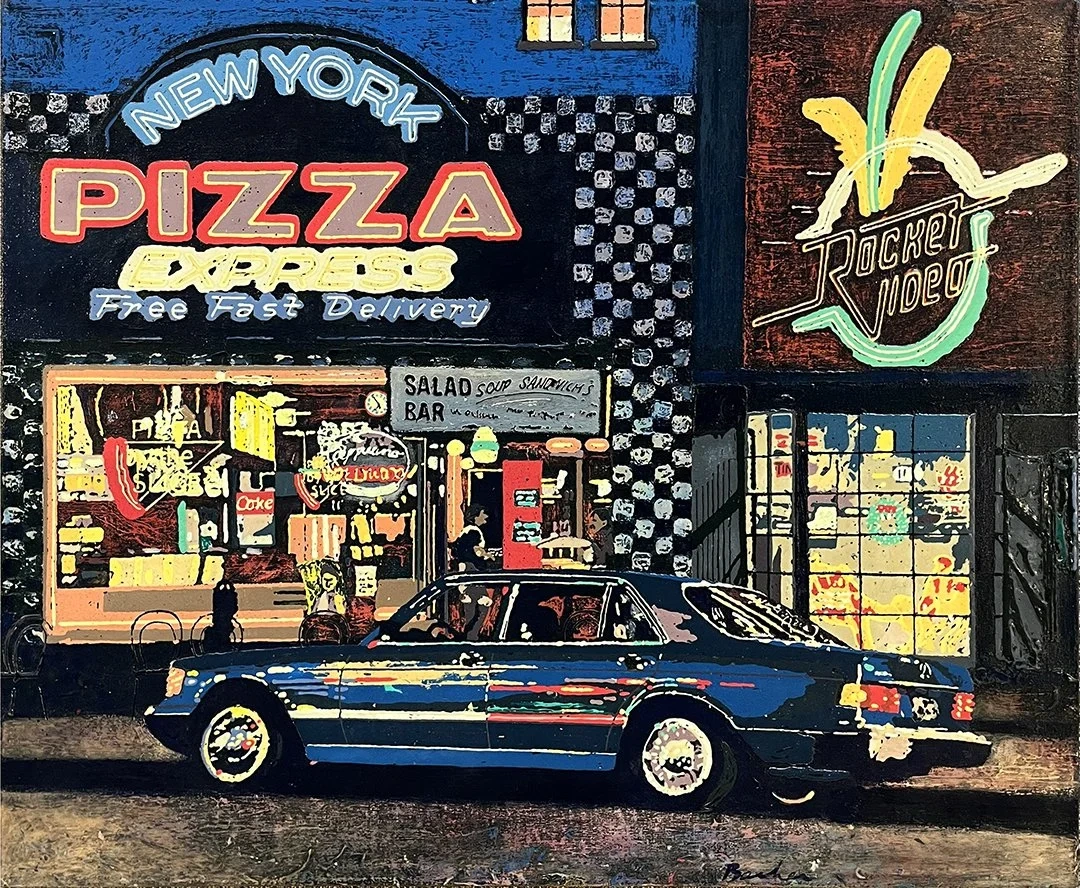 Tom Bacher, Melrose Pizza, phosphorescent acrylic on canvas. Courtesy of Cincinnati Art Galleries, LLC.