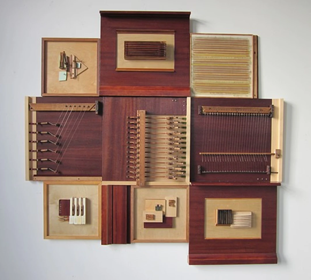 Jennifer Grote, Piano, mixed media on wood with deconstructed piano hammers and strings.